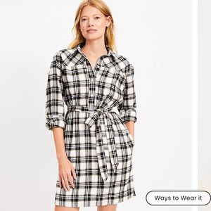 LOFT Black, White & Tan Plaid Shirt Dress